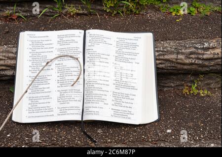 La Sainte Bible est ouverte avec un petit personnel sur le dessus. Mise en évidence de Psaume 23. Gros plan. Copier l'espace. À l'extérieur sur un escalier. Banque D'Images