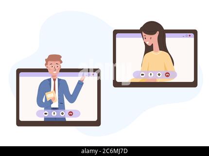 Vidéo conférence téléphonique, gestion de projet à distance, concept chat avec des amis. Les jeunes passent des appels vidéo via une fenêtre d'interface utilisateur virtuelle Illustration de Vecteur