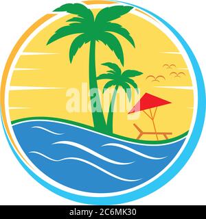 Plage et coucher de soleil dans le cercle Illustration de Vecteur