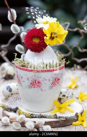 décoration de pâques avec fleurs printanières, chatons de saule et plumes d'œuf Banque D'Images