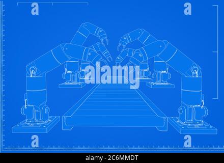 modèle de ligne d'assemblage de robot de rendu 3d avec échelle sur fond bleu Banque D'Images