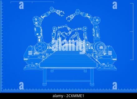 modèle de ligne d'assemblage de robot de rendu 3d avec échelle sur fond bleu Banque D'Images