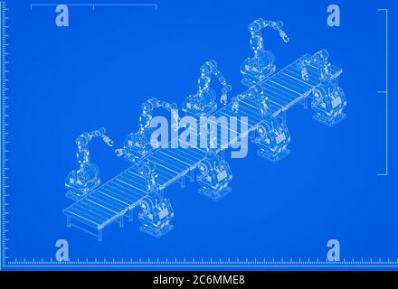 modèle de ligne d'assemblage de robot de rendu 3d avec échelle sur fond bleu Banque D'Images