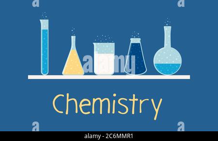 Jeu de verrerie pour produits chimiques. Collection de flacons de différentes formes. Tube à essai, flacon conique, bécher, flacon de florence. Retour à l'élément scolaire. Illustration vectorielle de l'équipement scientifique Illustration de Vecteur