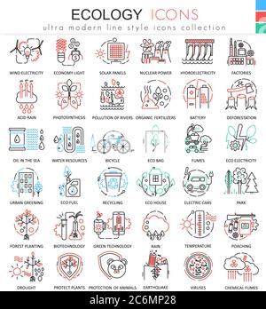 Vector Ecology lignes de couleur pour les icônes pour les applications et la conception Web. Icônes des éléments technologiques écologiques Illustration de Vecteur