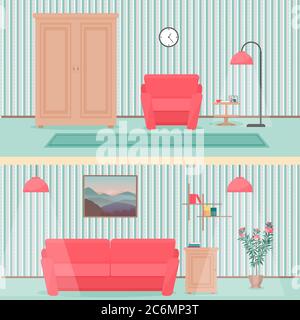 Décoration intérieure colorée et plate de salon avec armoire, canapé, moquette, fleurs et lampe Illustration de Vecteur