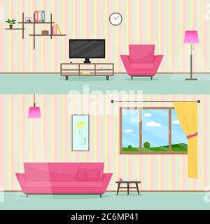 Décoration intérieure colorée et plate de salon avec canapé, TV, fenêtres et lampe Illustration de Vecteur