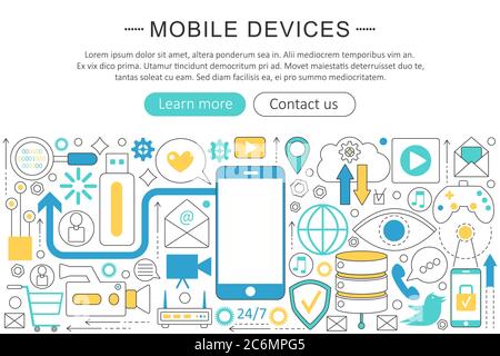 Vector Modern Line Flat design terminaux mobiles, gadgets concept. Smart mobile gadgets technologie icônes en-tête de site Web, bannière d'affiche de conception d'application Illustration de Vecteur