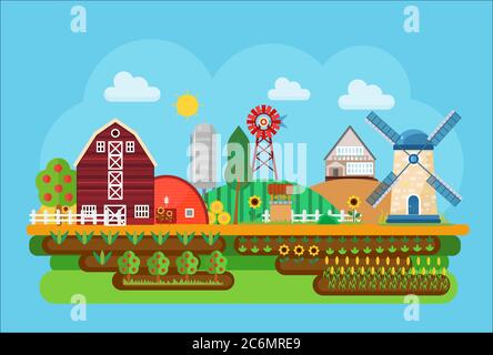 Illustration vectorielle de concept de paysage de village agricole plat. Petite ville agricole Illustration de Vecteur