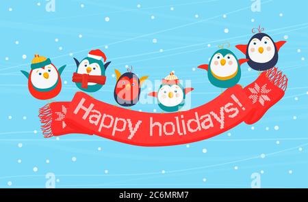 Oiseaux de Noël portant une écharpe avec l'inscription « Happy Holidays ». Carte de vœux de joyeux noël et de bonne année Illustration de Vecteur