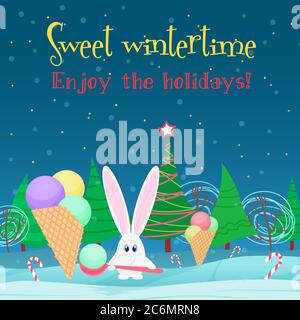 Fond de carte de Noël. Lapin avec des bonbons à la crème glacée dans la forêt nocturne de l'arbre de noël Illustration de Vecteur