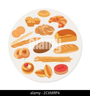 Forme circulaire avec divers pâtisseries et produits de boulangerie dans un style plat Illustration de Vecteur