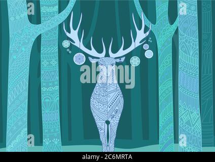 Cerf de Noël. Carte de Noël et de bonne année avec cerf en forêt. Magnifiques motifs décoratifs aux lignes de couleurs sur le renne et les arbres Illustration de Vecteur