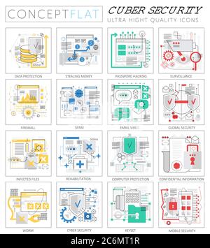 Infographics mini concept icônes de cybersécurité pour le Web. Éléments graphiques Web de qualité supérieure. Concepts de technologie de cybersécurité Illustration de Vecteur