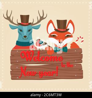 Noël animaux de la forêt mignon cerfs et renard tenant panneau avec Bienvenue aux mots du nouvel an. Animaux mode Vector en vêtements Illustration de Vecteur