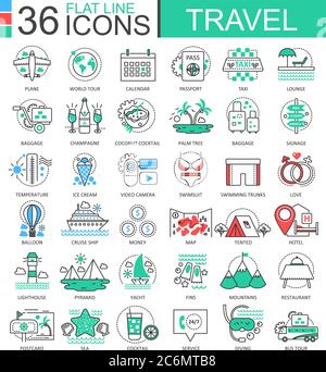 Vector Travel couleur lignes plates pour les applications et la conception Web. Icônes d'aventures de voyage Illustration de Vecteur