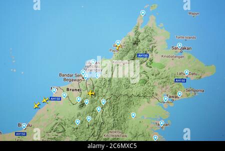 Trafic aérien sur Nation of Brunei (11 juillet 2020, UTC 7.39) sur Internet avec le site Flightracar 24 de Svenska Resenätverket AB. Période Covid 19 Banque D'Images