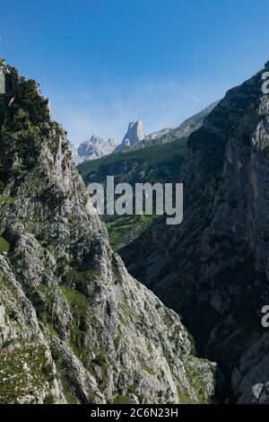 Sommet élevé appelé El Naranjo de Bulnes entre une étroite vallée. Banque D'Images