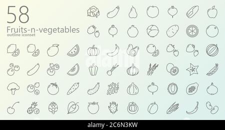 58 fruits et légumes présentent des icônes pour le Web, l'application mobile, les présentations et autres Illustration de Vecteur