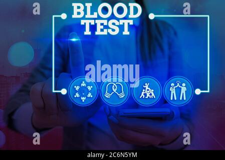 Écriture manuscrite conceptuelle montrant le test sanguin. Concept signification extrait de sang d'un organisme pour effectuer une analyse en laboratoire information digita Banque D'Images