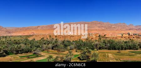 Panorama de la ville et oasis de Tinerhir dans la vallée de Dades, Maroc (grand fichier cousu) Banque D'Images