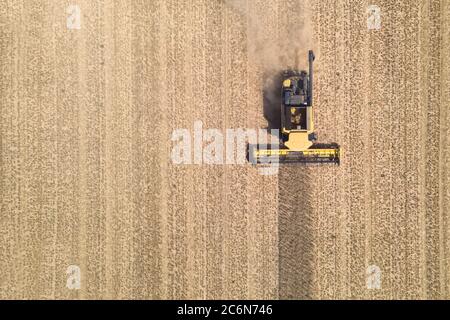 vue aérienne d'une moissonneuse-batteuse moderne en action, mettant fin à la récolte d'un champ de blé Banque D'Images