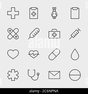 Icônes de la ligne de médicaments. Infirmière, seringue, thermomètre, pilules, contour du cœur modifiable Illustration de Vecteur