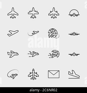 Icône de ligne de plan. Il contient des symboles avion, globe et plus encore. Contour modifiable Illustration de Vecteur