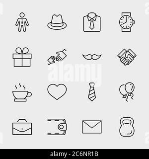 Icônes de la ligne de fête des pères. Moustache, cravate, chemise, chapeau, sac à main, cadeau. Contour modifiable Illustration de Vecteur