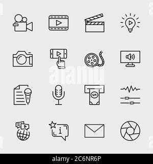 Icônes de la ligne de la Journée internationale du film. Film de lecture vidéo de l'appareil photo, objectif. Contour modifiable Illustration de Vecteur