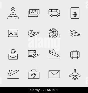 Icônes de la ligne d'aéroport. Icônes comme Globe, billets d'avion de départ. Contour modifiable Illustration de Vecteur