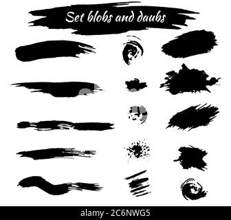 Ensemble de traits et de taches de pinceau noirs, éléments sur fond blanc pour la conception. Illustration de Vecteur