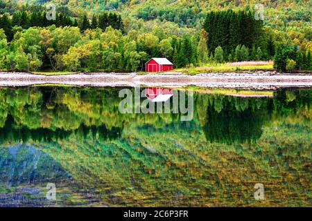 Petite cabane en bois rouge sur une plage rocheuse à Lofoten, Norvège. Herbe devant et réflexions dans un petit étang d'eau devant la maison. Banque D'Images