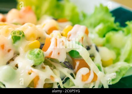 Salade végétarienne ou salade végétarienne sur le cadre gauche comprend la carotte et les petits pois et le maïs et la laitue et le chou avec lumière naturelle dans le ton vintage Banque D'Images