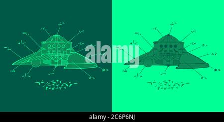 Version verte du Plan extraterrestre abstrait du dôme classique UFO Flying Saucer avec Alien Abstract Language écrit Illustration de Vecteur