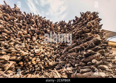 Pile de bois utilisée au crématorium de Ghats de Varanasi, Inde. Banque D'Images