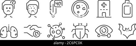 12 ensemble d'icônes de transmission de virus linéaire. icônes de contour mince telles que la chauve-souris, l'insecte, la poignée de main, l'hôpital, la température, l'homme pour le web, mobile Illustration de Vecteur