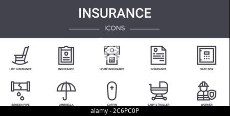 ensemble d'icônes de ligne de concept d'assurance. contient des icônes utilisables pour le web, le logo, l'interface utilisateur/ux comme l'assurance, l'assurance, le tuyau cassé, cercueil, poussette de bébé, travailleur, Illustration de Vecteur