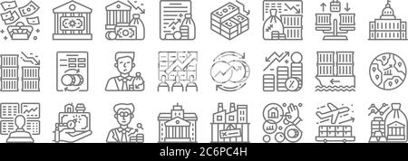 icônes de ligne de crise économique. set linéaire. ensemble de ligne de vecteur de qualité comme réserve, risque, banque, trader, import, investisseur, gouvernement, crise, banque Illustration de Vecteur