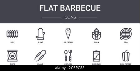 ensemble d'icônes de la ligne concept barbecue plat. contient des icônes utilisables pour le web, le logo, ui/ux tels que des gants, du maïs, des chips, des couverts, une canette à bière, du poivron, un barbecue, de la glace Illustration de Vecteur