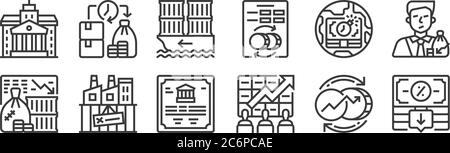 12 ensemble d'icônes de crise économique linéaire. icônes de contour mince comme le taux d'intérêt, la bourse, la faillite, la dette, l'importation, la liquidité pour le web, mobile Illustration de Vecteur