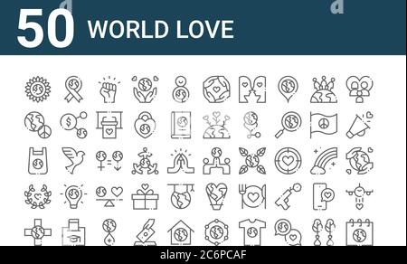 ensemble de 50 icônes d'amour du monde. contour des icônes fines telles que le jour de la terre de mère, médical, laurier, sac en plastique, paix, ruban, monde Illustration de Vecteur