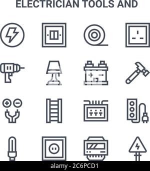 jeu de 16 outils d'électricien et icônes de lignes vectorielles conceptuelles. icônes à course mince 64 x 64, telles que interrupteur d'éclairage, perceuse, marteau, boîte à fusibles, prise de courant, électr Illustration de Vecteur