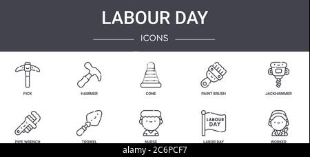 ensemble d'icônes de ligne de concept de la journée de travail. contient des icônes utilisables pour le web, le logo, l'interface utilisateur/l'interface utilisateur comme un marteau, un pinceau, une clé à pipe, une infirmière, une journée de travail, un travailleur, un cric Illustration de Vecteur