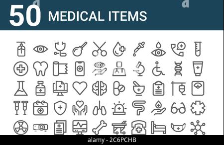 ensemble de 50 icônes d'articles médicaux. contour des icônes de ligne mince telles que le virus, , les béquilles, le ballon, la santé, l'oeil, pas de médicaments, le sang, écran, sirène Illustration de Vecteur