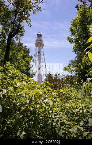 Rawley point Lighthouse à Two Rivers, Wisconsin, en juillet, vertical Banque D'Images