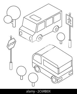 Autobus isométrique infrastructures urbaines voitures et autobus Illustration de Vecteur