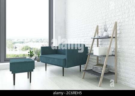 Chambre Art contemporaine avec fauteuil turquoise, étagère en bois et plantes vertes près du mur en brique blanche, décor élégant. Banque D'Images