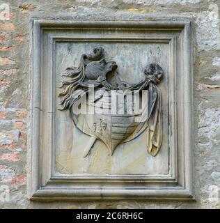 07 juillet 2020, Saxe-Anhalt, Harbke : les armoiries de Veltheim sur la façade du château de Harbke. Au début, il y avait un château rond sur le site, qui appartenait à la famille Veltheim depuis 1308. Dans les siècles suivants, le château a été reconstruit d'abord dans le style Renaissance puis dans le XVIIIe siècle comme un complexe baroque. A partir de 1740, un jardin de plaisir baroque a été aménagé en face du château, qui fait partie du réseau "Garden Dreams - Historical Parks in Saxe-Anhalt". Le réseau célèbre son 20e anniversaire cette année. Photo: Klaus-Dietmar Gabbert/dpa-Zentralbil Banque D'Images