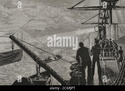 Historia Siglo XIX En los Dardanelos. Exploración del mar une faveur de la luz eléctrica para buscar los torpdos ocultos. Grabado. La Ilustración Española y Americana,1878. Banque D'Images